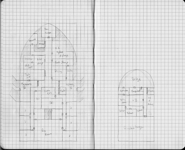 Scan of the two notebook pages with the sketch of the middle and upper decks of the ships