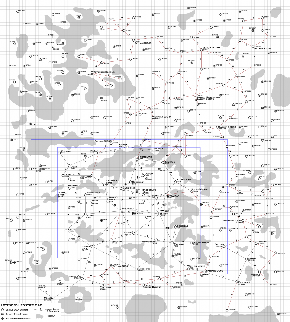 Extended Frontier map containing all the sathar jump routes and system labels.